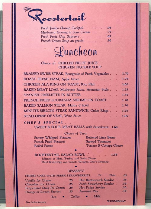 The Roostertail - Old Menu (newer photo)